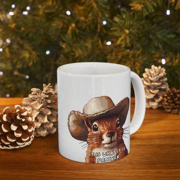 Tailorly White Ceramic 11 oz Mug - Handmade Rustic Metal Design Featuring A Cute Brown Furry Cowboy Hat Squirrel