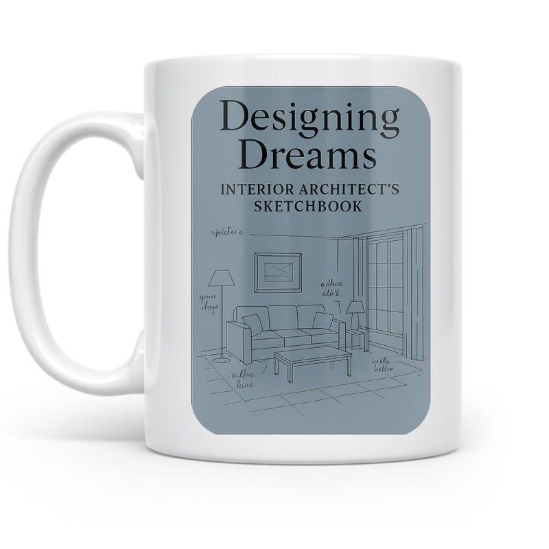 Tailorly White Ceramic 11 oz Mug - Designing Dreams Interior Architects Sketchbook Simple Hand Drawn Line Art Depicting A Home Scene Interior