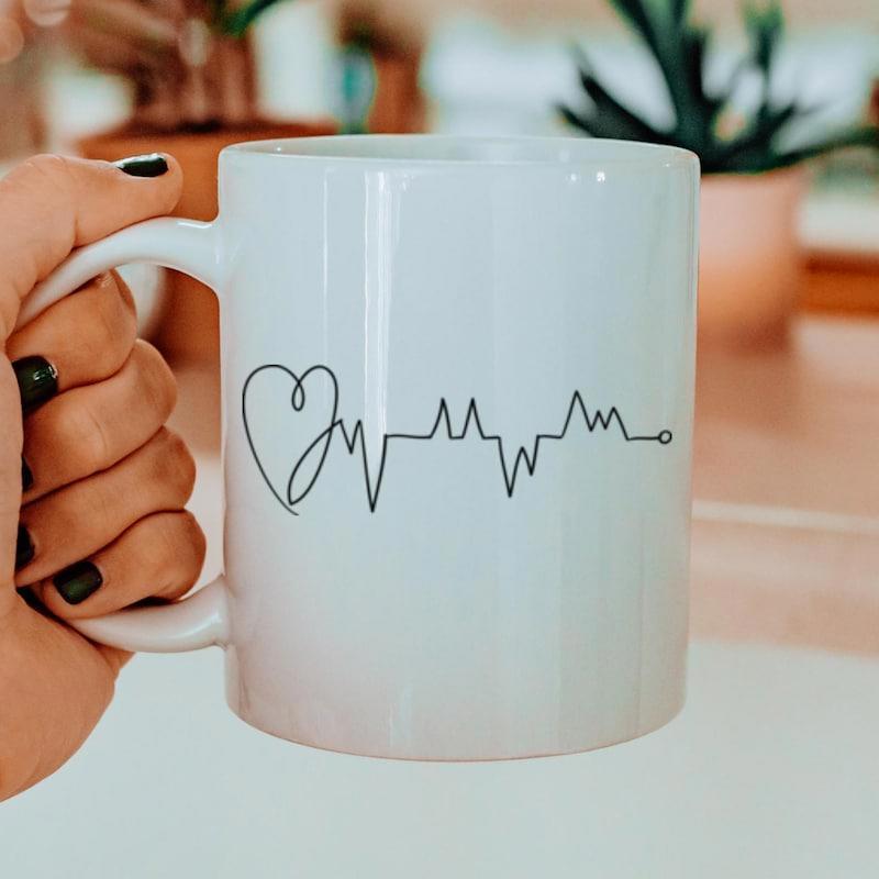 Tailorly White Ceramic 11 oz Mug - Minimalist Black Continuous Line Drawing Of An Ekg Pulse Rhythm Heartbeat