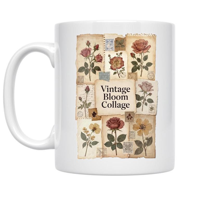 Tailorly White Ceramic 11 oz Mug - Vintage Bloom Collage Rustic Botanical Illustrations Arranged On Aged Paper Pieces Across This Flower Collage