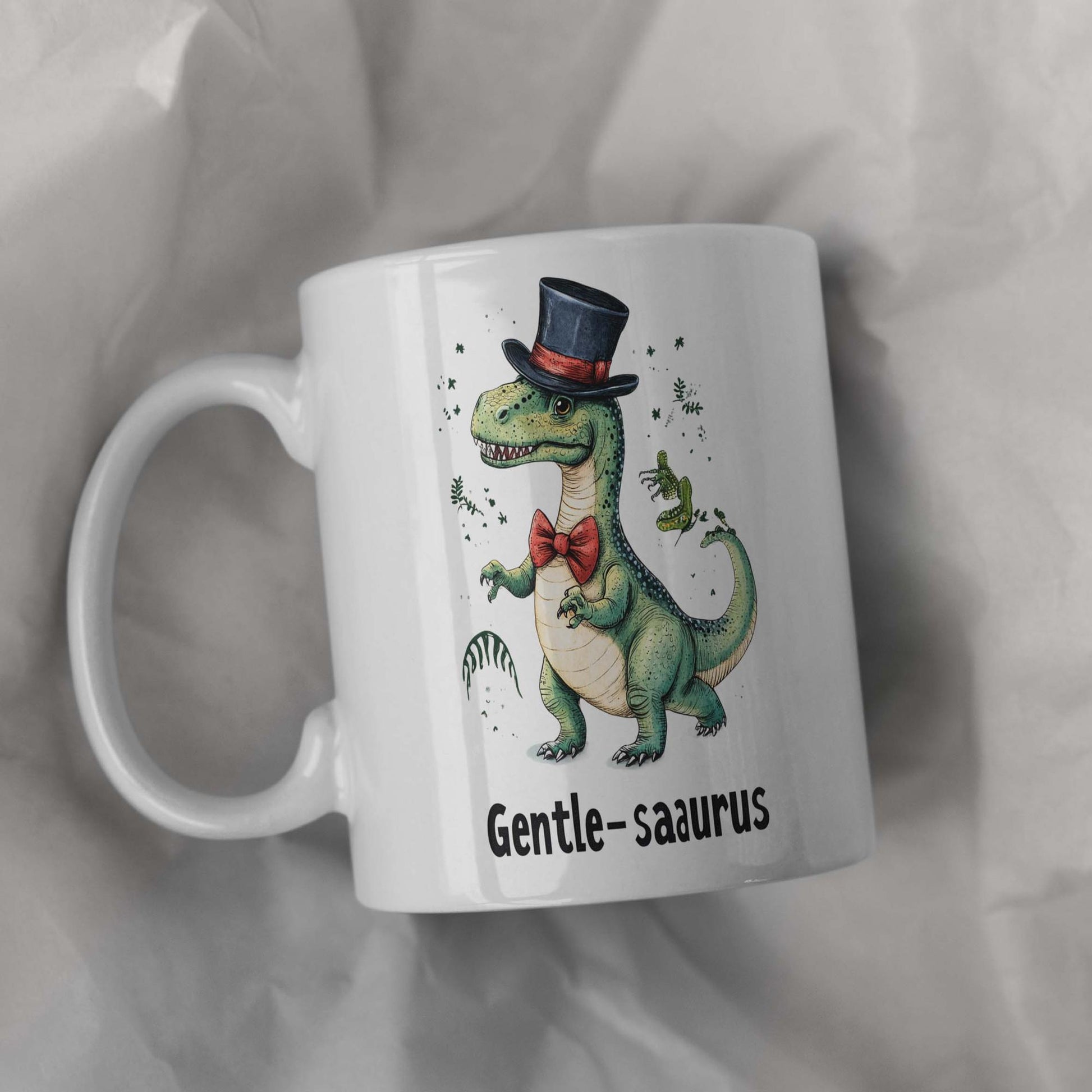 Tailorly White Ceramic 11 oz Mug - Gentle Saurus Charming Green Cartoon Character Wearing A Black Top Hat And Red Bowtie Dinosaur