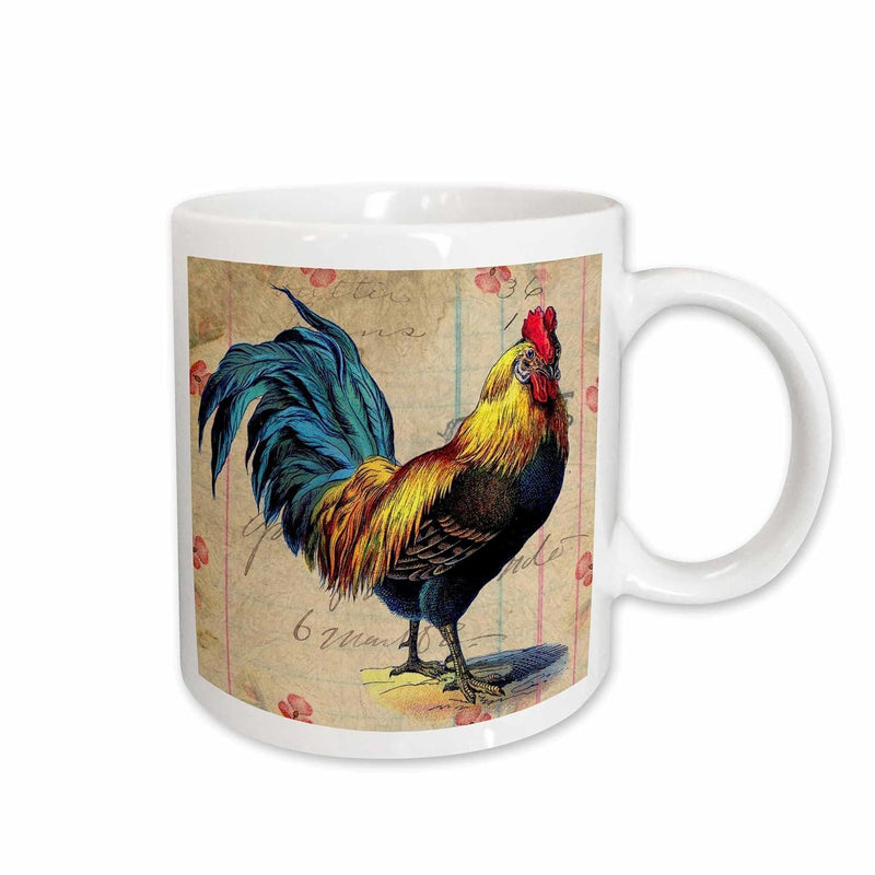 Tailorly White Ceramic 11 oz Mug - Rustic Farmhouse Style With Colorful Feathers On Distressed Paper Rooster