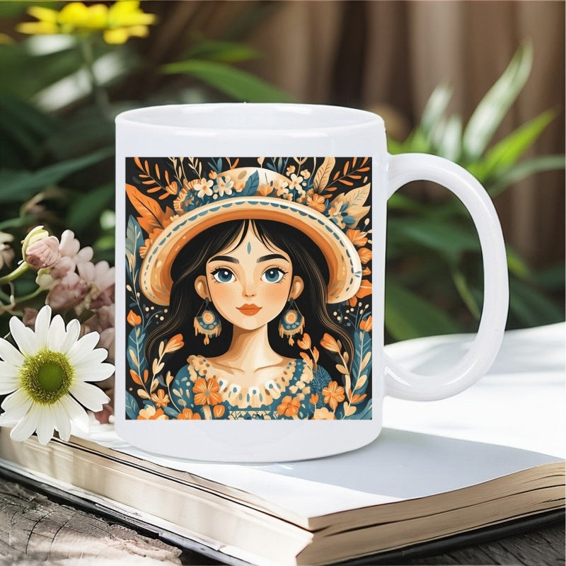 Tailorly White Ceramic 11 oz Mug - Beautiful Girl Wearing Floral Straw Hat Surrounded By Vibrant Botanical Garden Girl