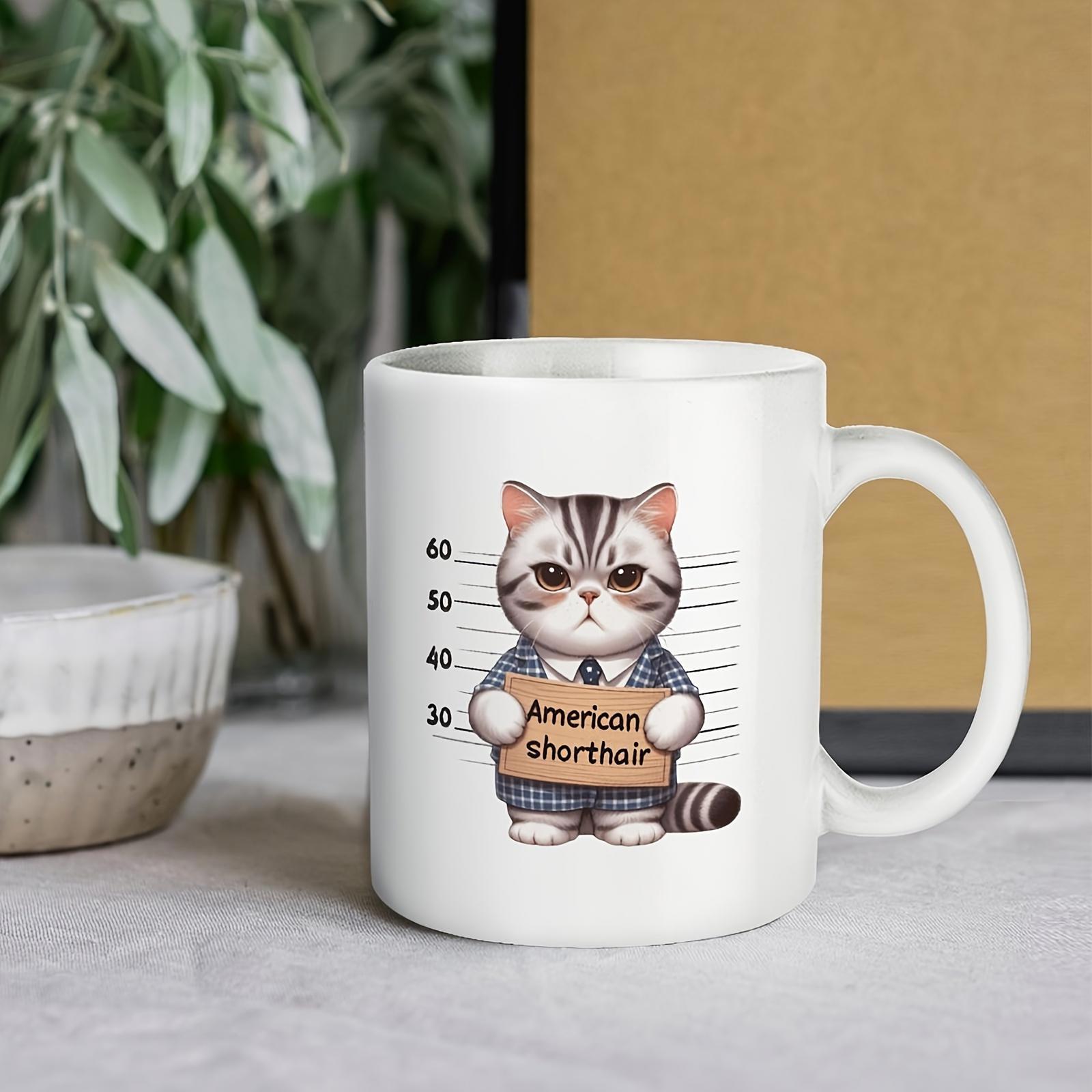 Tailorly White Ceramic 11 oz Mug - American Shorthair Playful Cartoon Pet Mugshot Design Featuring Grumpy Tabby Stripes Among Height Markers Cat