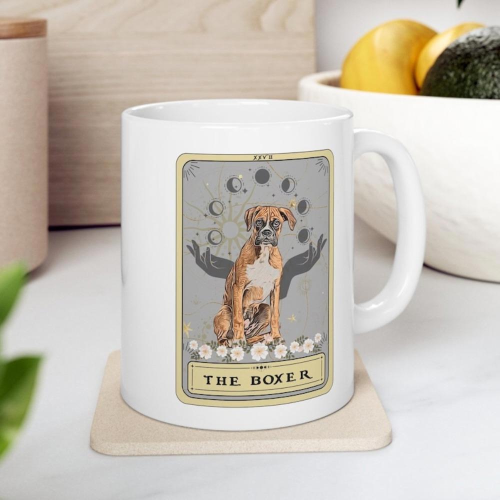 Tailorly White Ceramic 11 oz Mug - The Boxer Majestic Tarot Card Design With Celestial Moon Phases And Protective Hands Dog