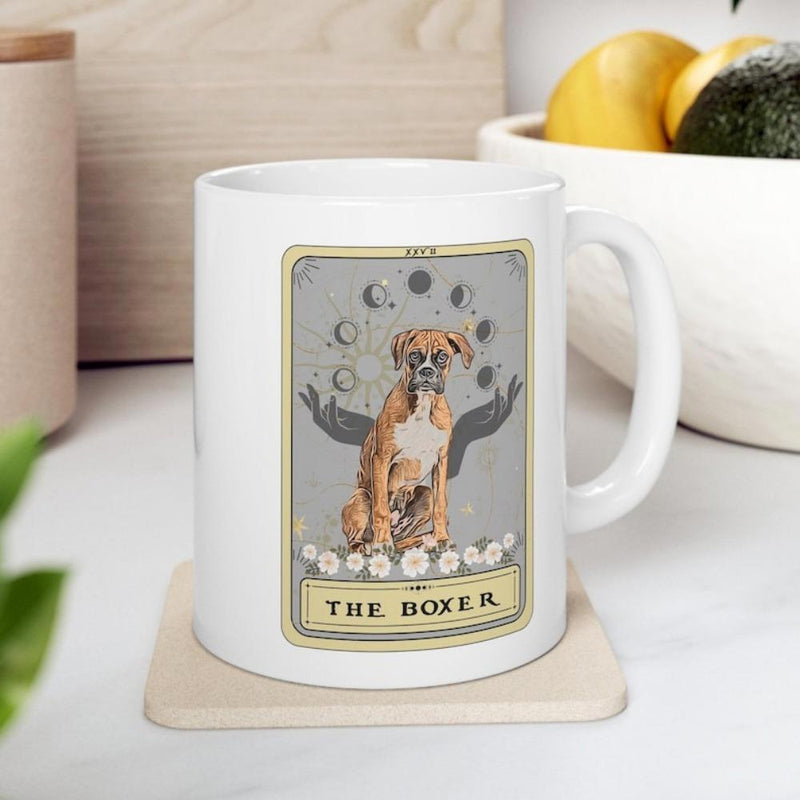 Tailorly White Ceramic 11 oz Mug - The Boxer Majestic Tarot Card Design With Celestial Moon Phases And Protective Hands Dog