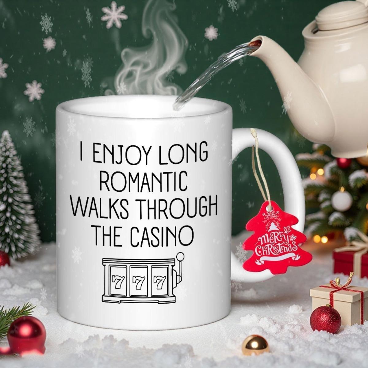 Tailorly White Ceramic 11 oz Mug - I Enjoy Long Romantic Walks Through The Casino Simple Line Illustration Of A Slot Machine Displaying Lucky Sevens Machine