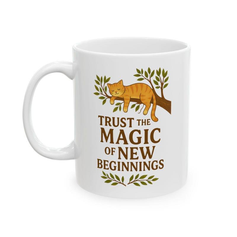 Tailorly White Ceramic 11 oz Mug - Trust The Magic Of New Beginnings Sleeping Peacefully On A Lush Green Leafy Tree Branch Cat