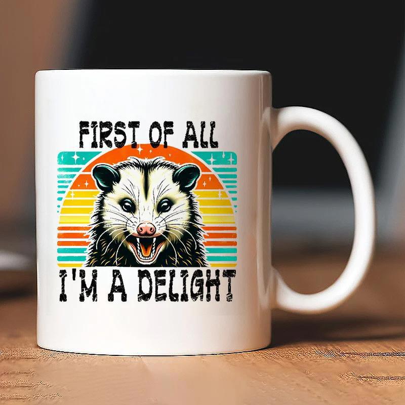 Tailorly White Ceramic 11 oz Mug - First Of All Im A Delight Vintage Retro Sunset Stripes Behind A Wild Grinning Opossum