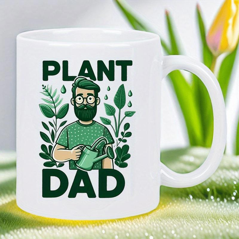 Tailorly White Ceramic 11 oz Mug - Plant Dad Bearded Man Holding A Watering Can Among Lush Green Leaves Dad