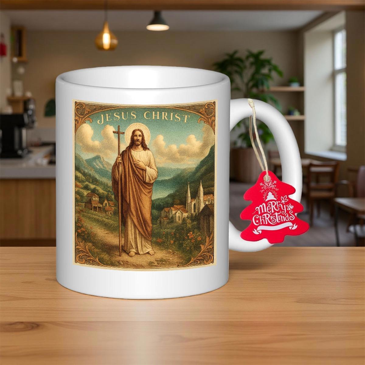 Tailorly White Ceramic 11 oz Mug - Jesus Christ Serene Sacred Figure Standing Amidst Majestic Mountain Landscape With Village Scenery Jesus Christ