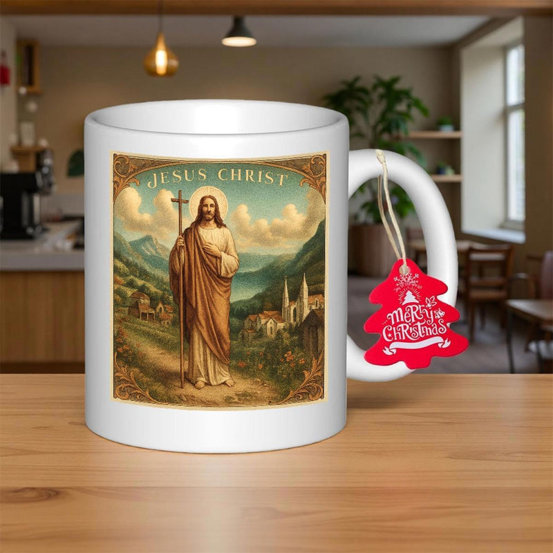 Tailorly White Ceramic 11 oz Mug - Jesus Christ Serene Sacred Figure Standing Amidst Majestic Mountain Landscape With Village Scenery Jesus Christ