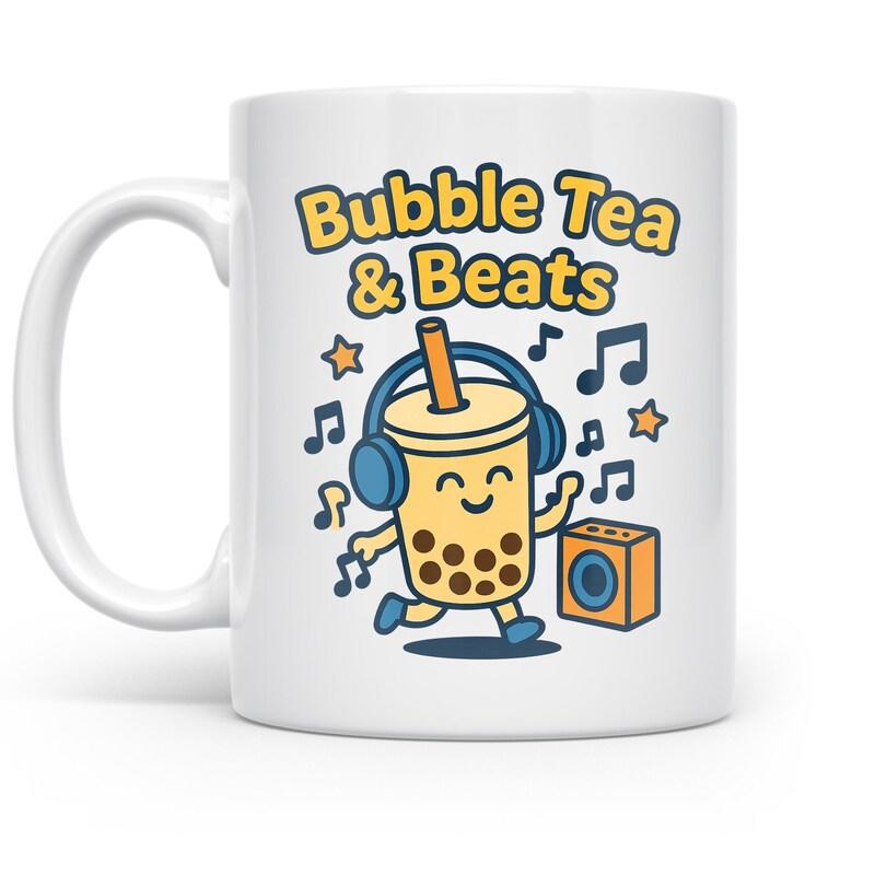 Tailorly White Ceramic 11 oz Mug - Bubble Tea Beats Happy Cartoon Character Wearing Headphones Surrounded By Floating Musical Notes And Speaker Cup