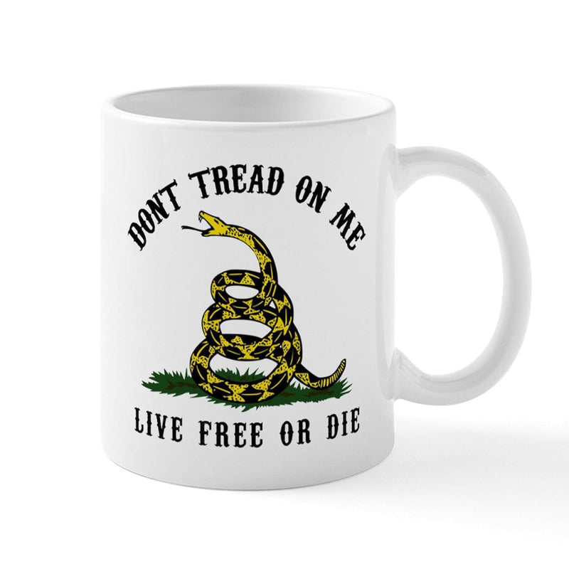 Tailorly White Ceramic 11 oz Mug - Dont Tread On Me Live Free Or Die Coiled Yellow Rattlesnake Resting On Green Grass Patch With Striking Posture Snake