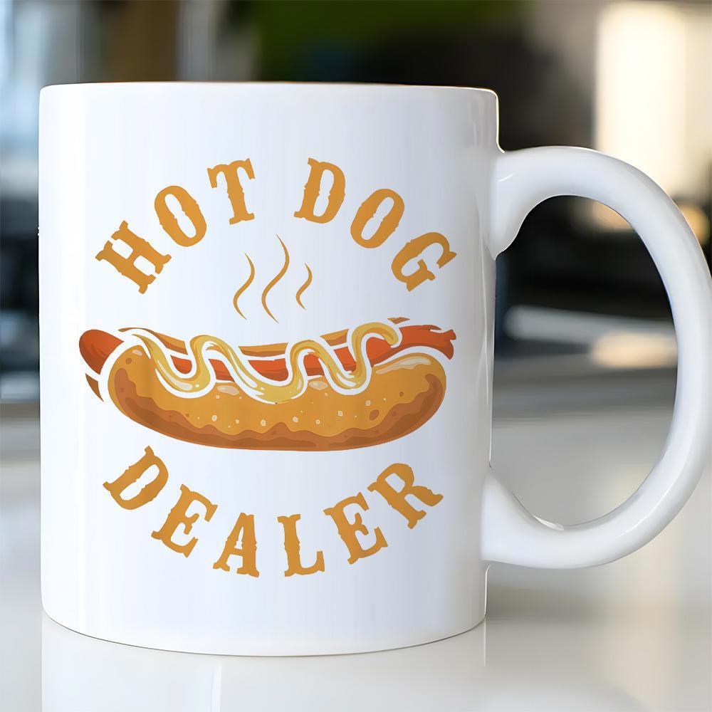 Tailorly White Ceramic 11 oz Mug - Hot Dog Dealer Delicious Steaming Sausage With Yellow Mustard In A Toasted Bun Hot Dog