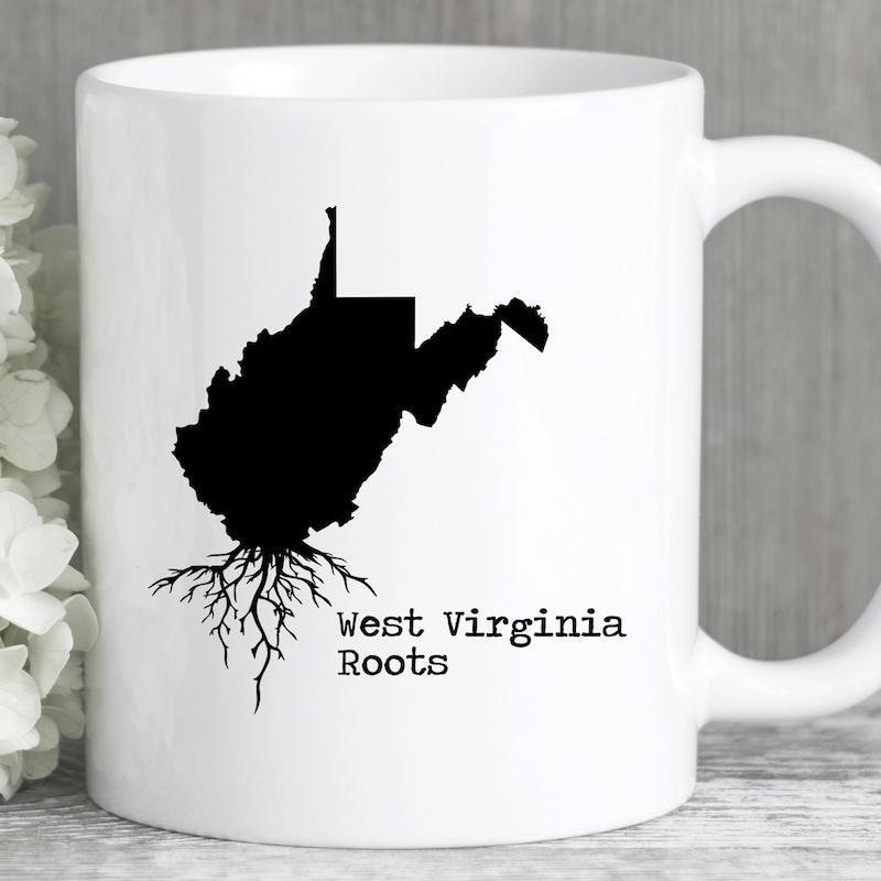 Tailorly White Ceramic 11 oz Mug - West Virginia Roots Black Silhouette State Map With Intricate Spreading Underground Tree Roots Mug