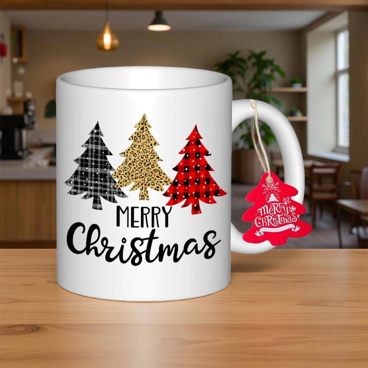 Tailorly White Ceramic 11 oz Mug - Merry Christmas Three Decorative Trees With Plaid And Gold Leopard Patterns Standing In Row Christmas Tree