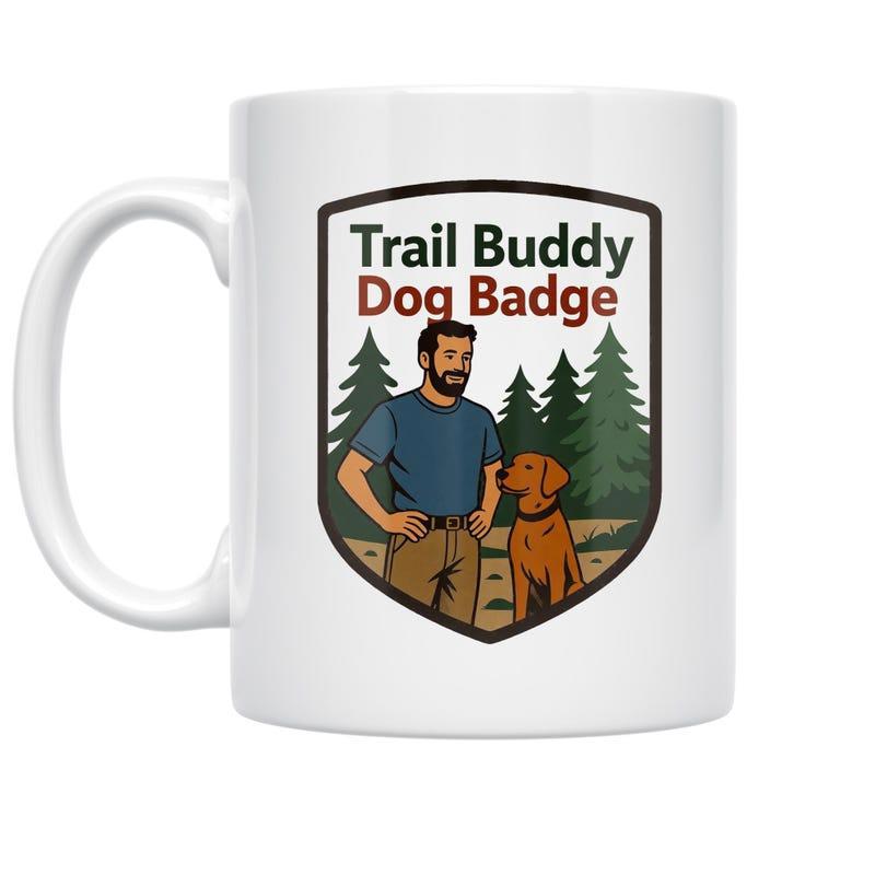 Tailorly White Ceramic 11 oz Mug - Trail Buddy Dog Badge Bearded Man Standing With Loyal Dog Among Tall Pine Forest Badge
