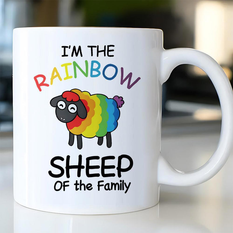 Tailorly White Ceramic 11 oz Mug - Im The Rainbow Sheep Of The Family Cartoon Illustration Of Fluffy Animal With Vibrant Rainbow Colored Wool Sheep