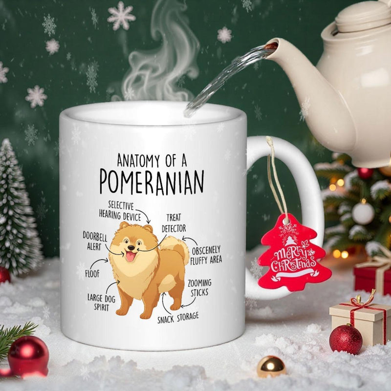 Tailorly White Ceramic 11 oz Mug - Anatomy Of A Pomeranian Cheerful Fluffy Dog Standing Amidst Humorous Anatomy Chart Labels Pointing Pomeranian