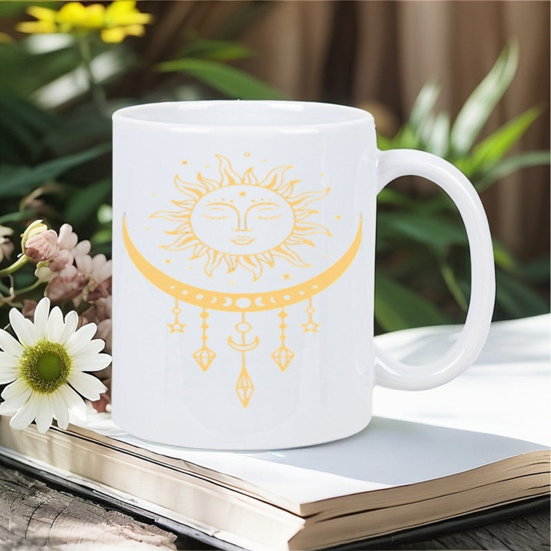 Tailorly White Ceramic 11 oz Mug - Celestial Golden Sun Glowing Above Delicate Crescent Moon With Ornaments Sun