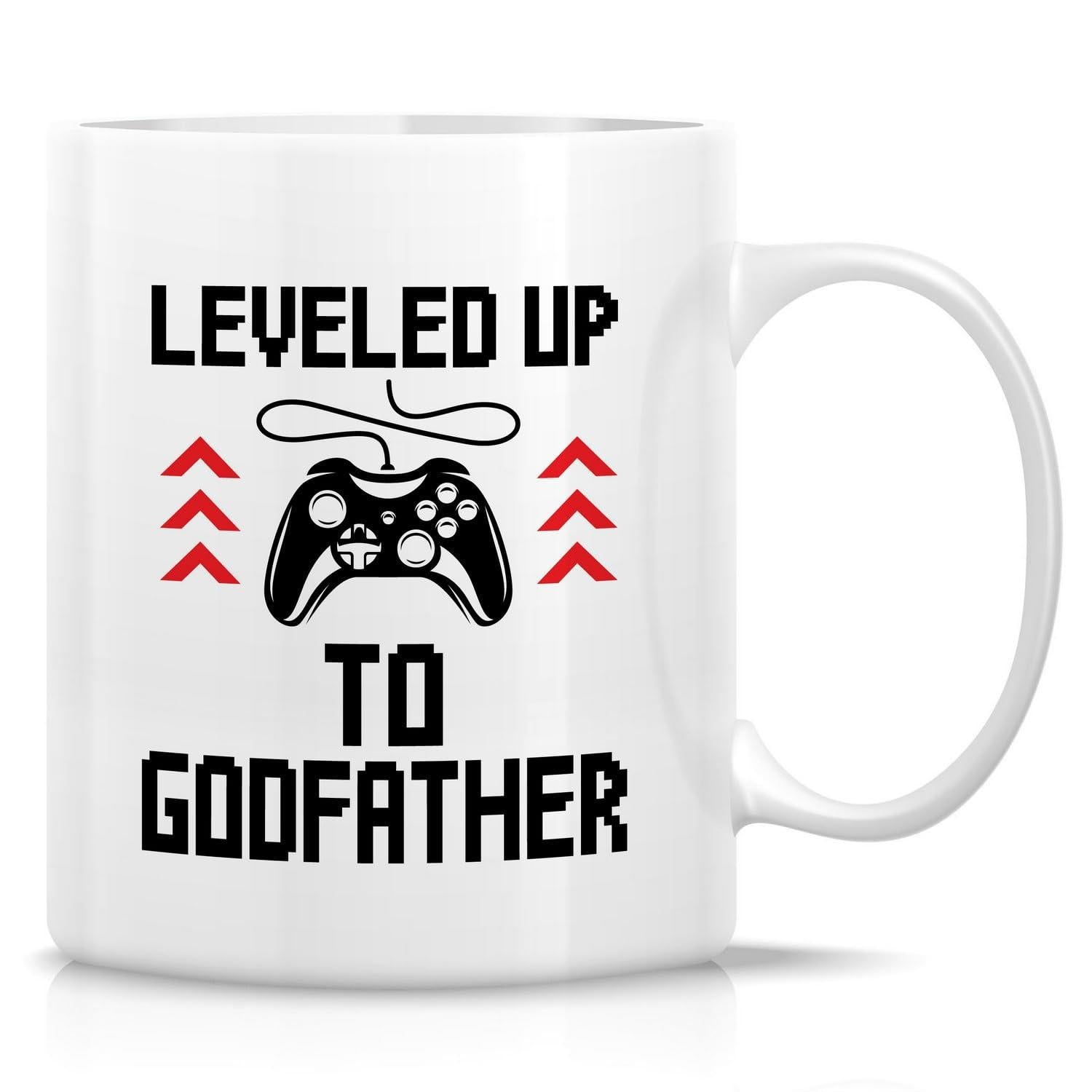 Tailorly White Ceramic 11 oz Mug - Leveled Up To Godfather Pixelated Video Game Pad With Red Directional Arrows And Cord Controller
