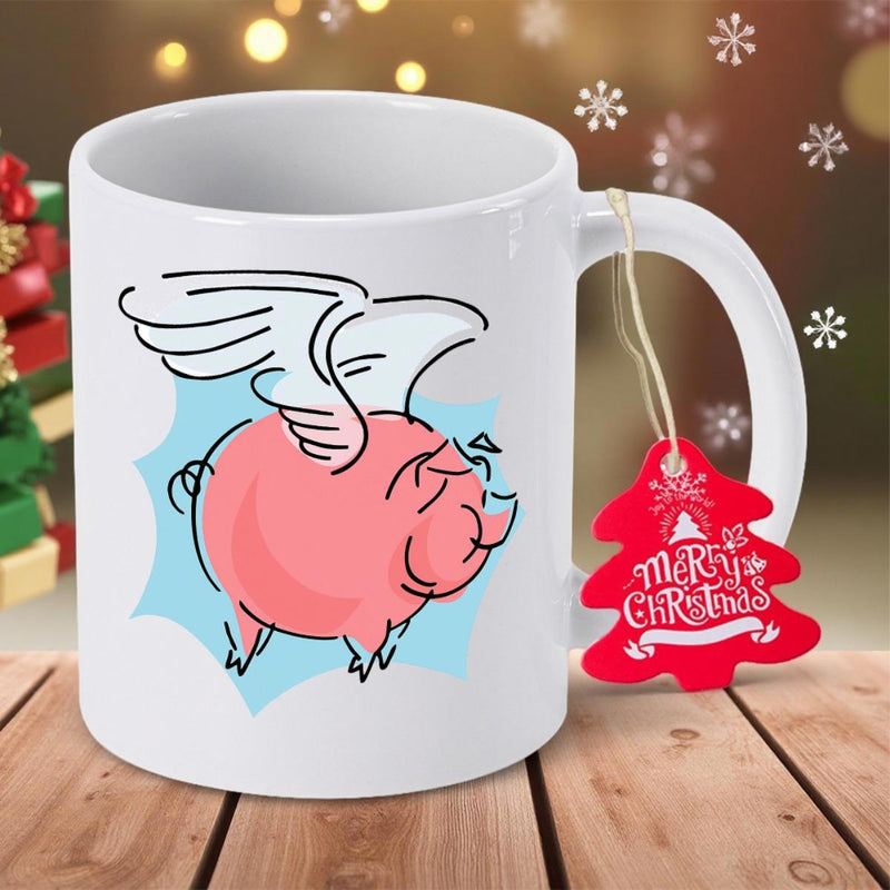 Tailorly White Ceramic 11 oz Mug - Merry Christmas Whimsical Pink Flying Pig Soaring High With Large White Angelic Wings Pig