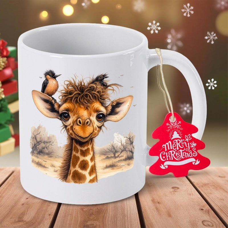 Tailorly White Ceramic 11 oz Mug - Adorable Messy Haired Baby Giraffe With Tiny Bird Sitting On Its Head Giraffe