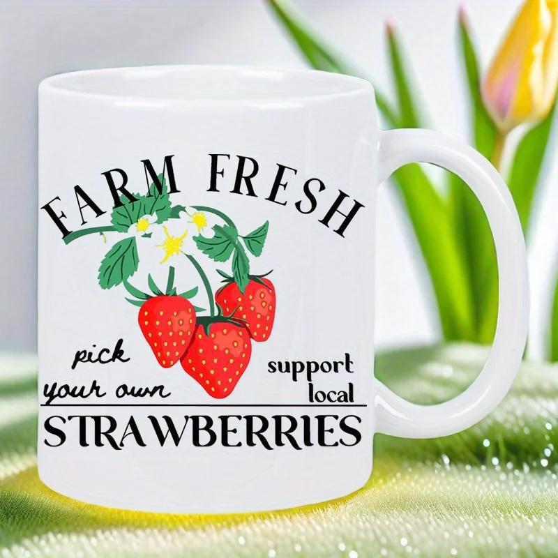 Tailorly White Ceramic 11 oz Mug - Farm Fresh Pick Your Own Support Local Strawberries Vibrant Red Fruits Growing Among Lush Green Leaves And White Flowers