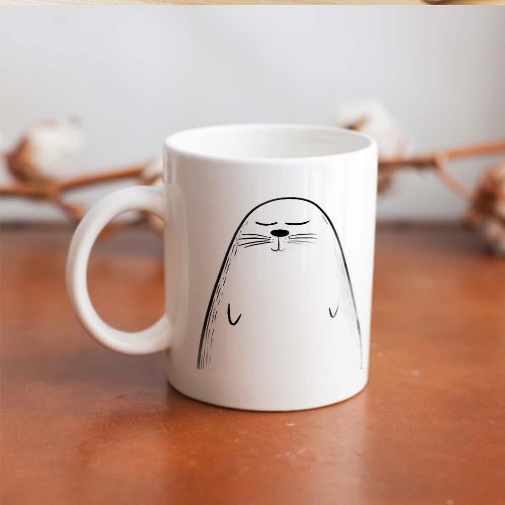 Tailorly White Ceramic 11 oz Mug - Hand Drawn Minimalist Black Line Art With Closed Eyes Whiskers Seal