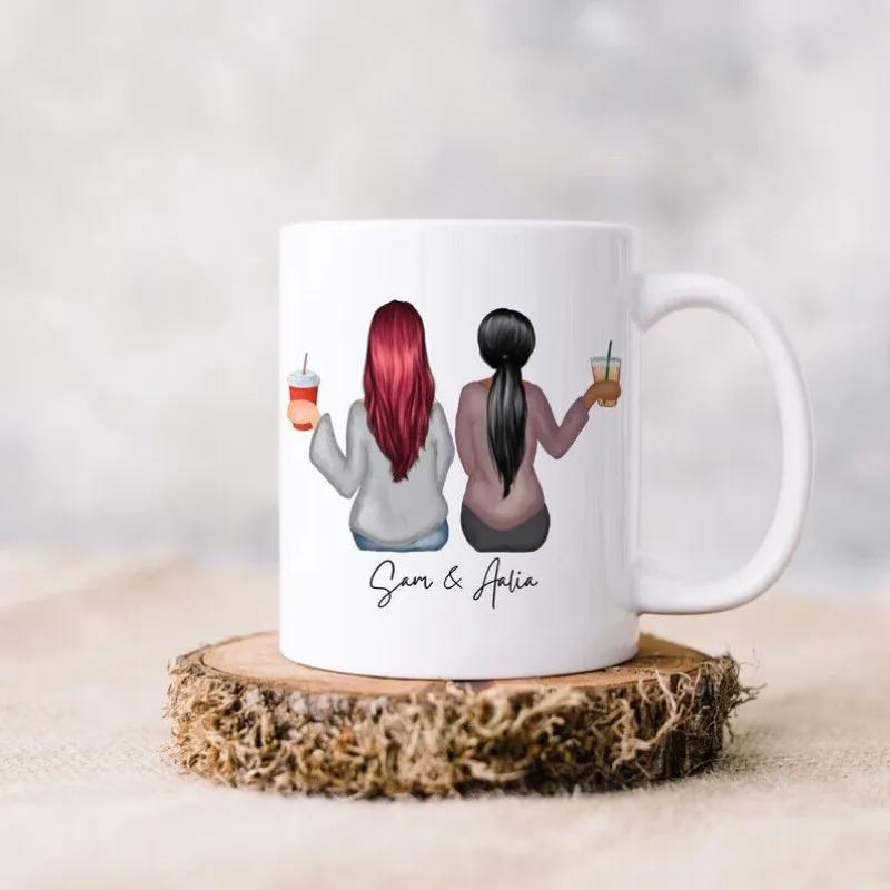 Tailorly White Ceramic 11 oz Mug - Sam Julia Two Best Friends Sitting Together Holding Refreshing Drinks Seen From Behind Friends
