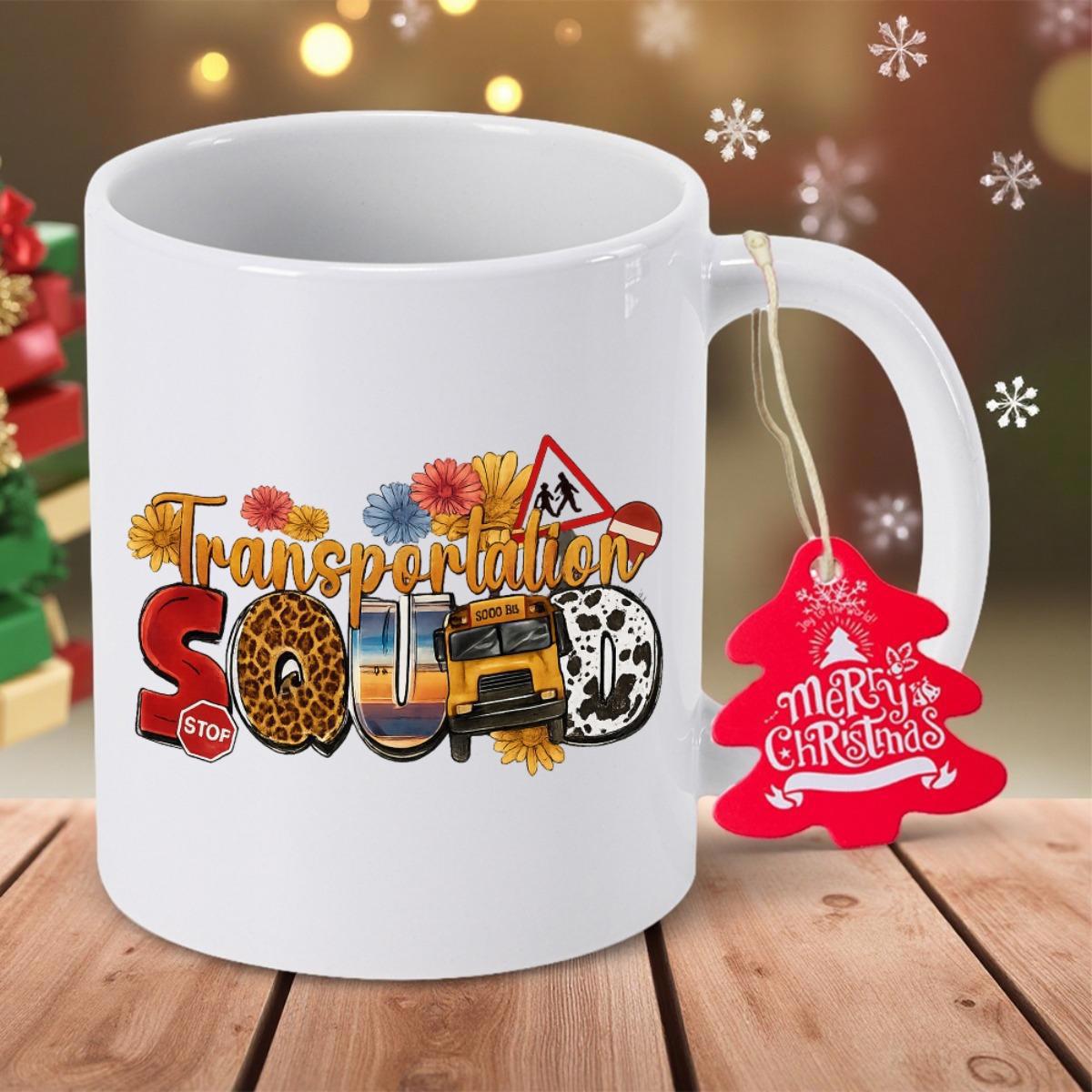 Tailorly White Ceramic 11 oz Mug - Transportation Squad Vibrant School Bus Among Autumn Flowers With Classic Traffic Signs Bus