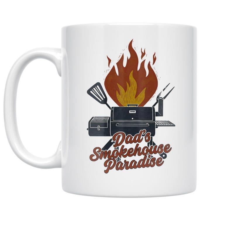 Tailorly White Ceramic 11 oz Mug - Dads Smokehouse Paradise Professional Backyard Barbecue Smoker With Blazing Orange Flames And Utensils Smoker