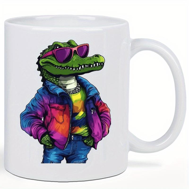 Tailorly White Ceramic 11 oz Mug - Stylish Cool Green Character Wearing Vibrant Colorful Puffer Jacket And Sunglasses Alligator