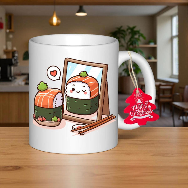 Tailorly White Ceramic 11 oz Mug - Merry Christmas Cute Cartoon Looking Into Mirror With Winking Reflection And Heart Bubble Sushi