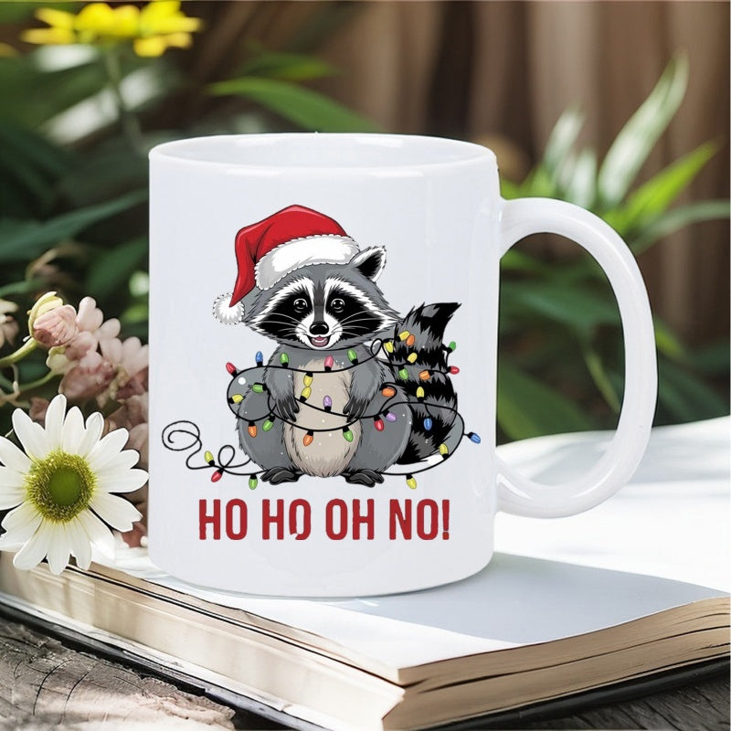 Tailorly White Ceramic 11 oz Mug - Ho Ho Oh No Festive Raccoon Wearing Santa Hat Tangled In Colorful Christmas Lights Raccoon
