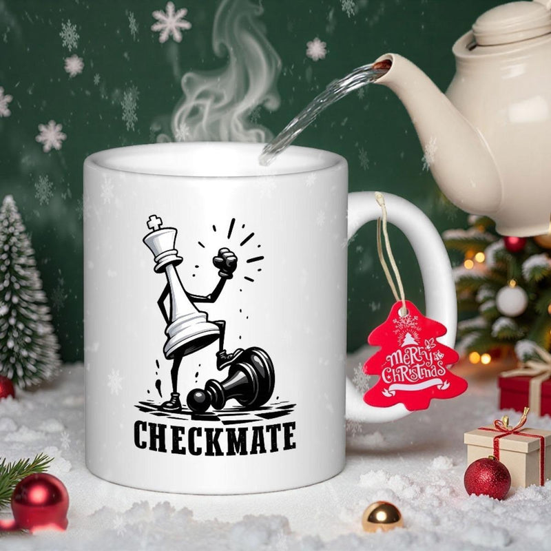 Tailorly White Ceramic 11 oz Mug - Checkmate Victorious King Standing Over Defeated Pawn In Hand Drawn Style Chess