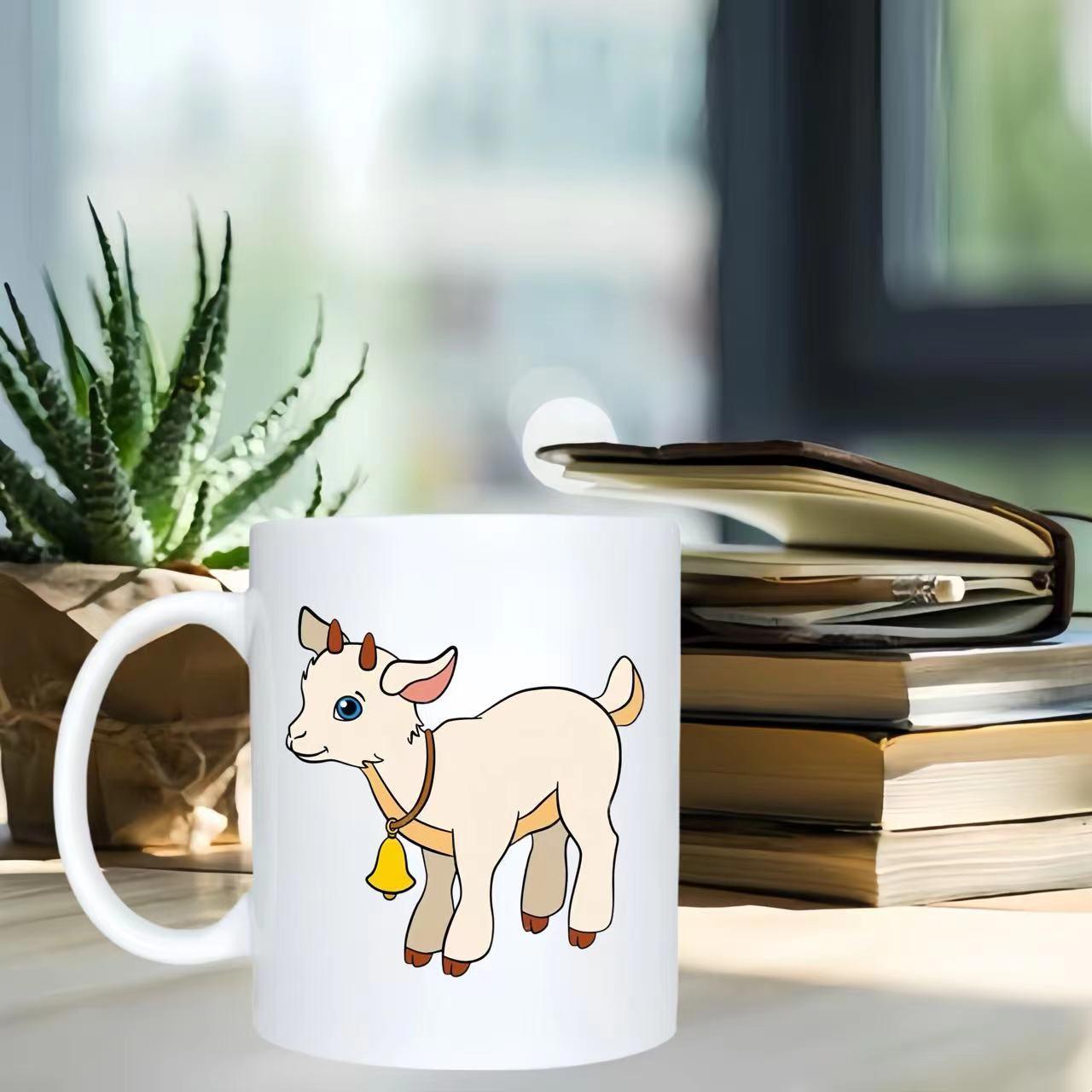 Tailorly White Ceramic 11 oz Mug - Cute Small White Cartoon Kid Wearing A Golden Bell Around Neck Goat