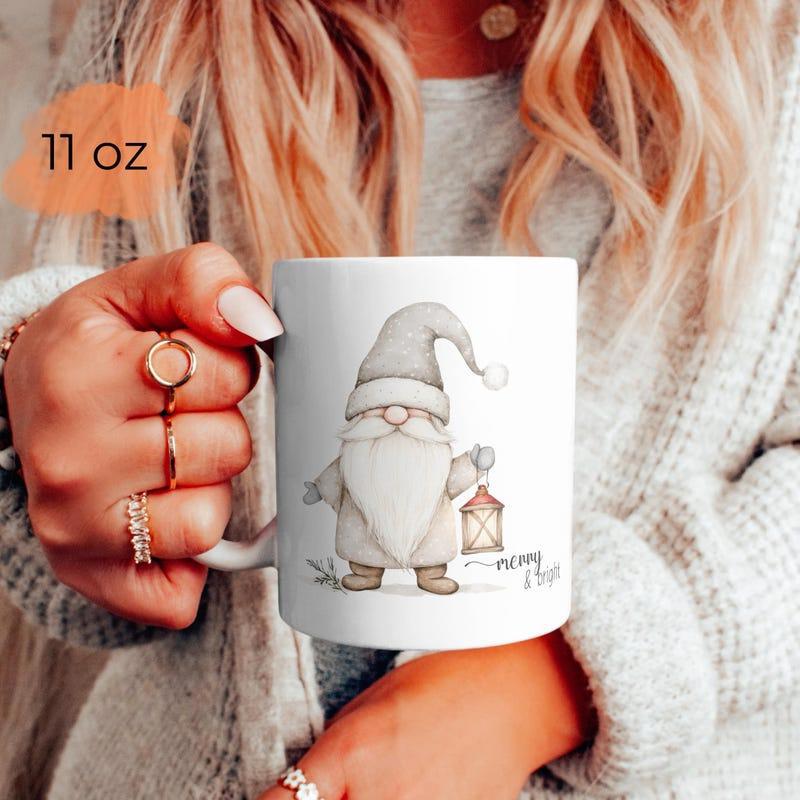 Tailorly White Ceramic 11 oz Mug - Merry Festive Watercolor Christmas Character Holding A Glowing Lantern Gnome