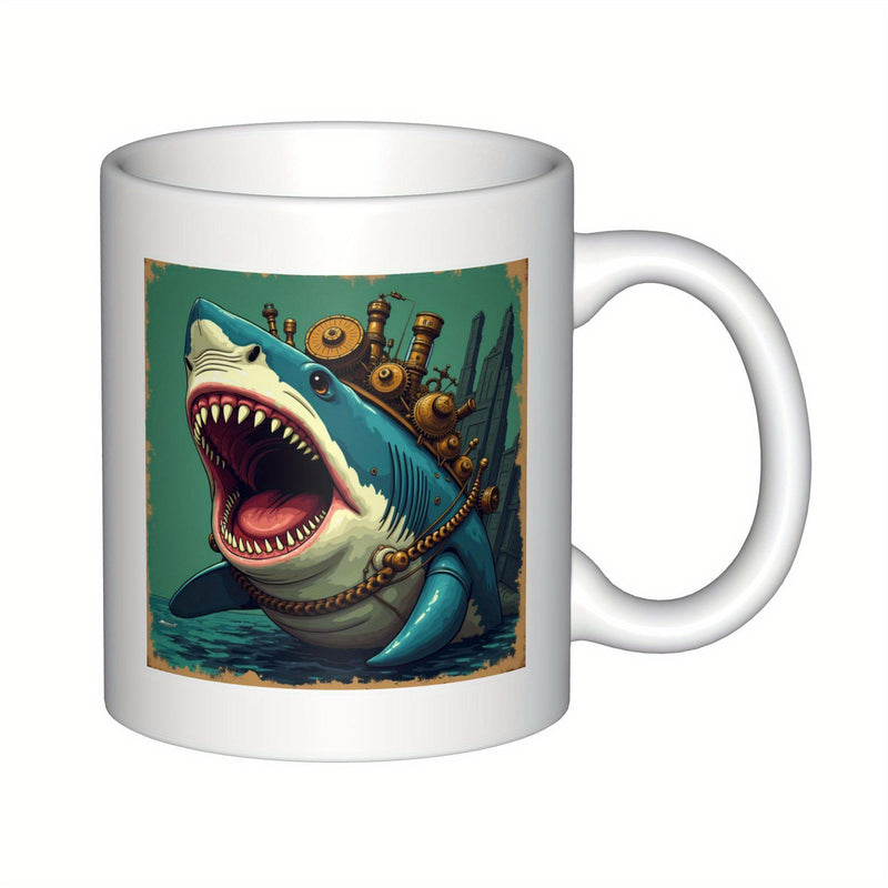 Tailorly White Ceramic 11 oz Mug - Powerful Steampunk Mechanical Great White Shark Rising From Deep Teal Ocean Waves Shark