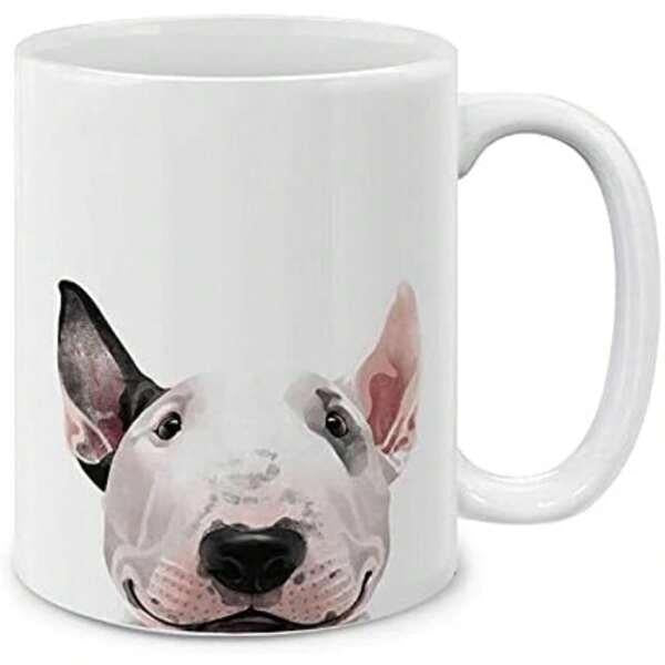 Tailorly White Ceramic 11 oz Mug - Artistic Hand Drawn Illustration Of A Happy Bull Terrier Face Looking Forward Bull Terrier