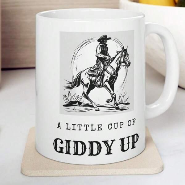 Tailorly White Ceramic 11 oz Mug - A Little Cup Of Giddy Up Vintage Sketch Of A Cowboy Riding Across The Wild Western Plains Horse