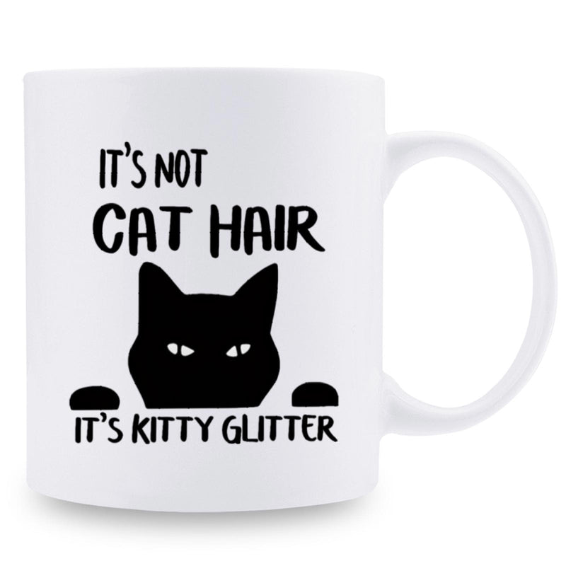Tailorly White Ceramic 11 oz Mug - It's Not Cat Hair It's Kitty Glitter Minimalist Black Silhouette Peeking Over Edge With Small Paws Design Cat