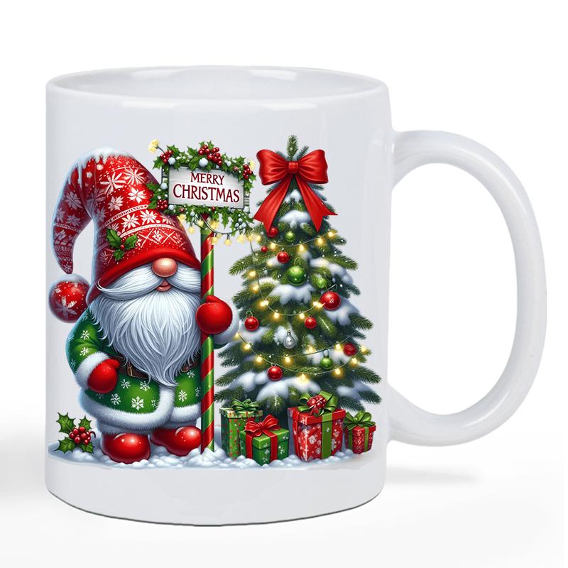 Tailorly White Ceramic 11 oz Mug - Merry Christmas Festive Scandinavian Standing Beside Decorated Snowy Evergreen Tree With Presents Gnome
