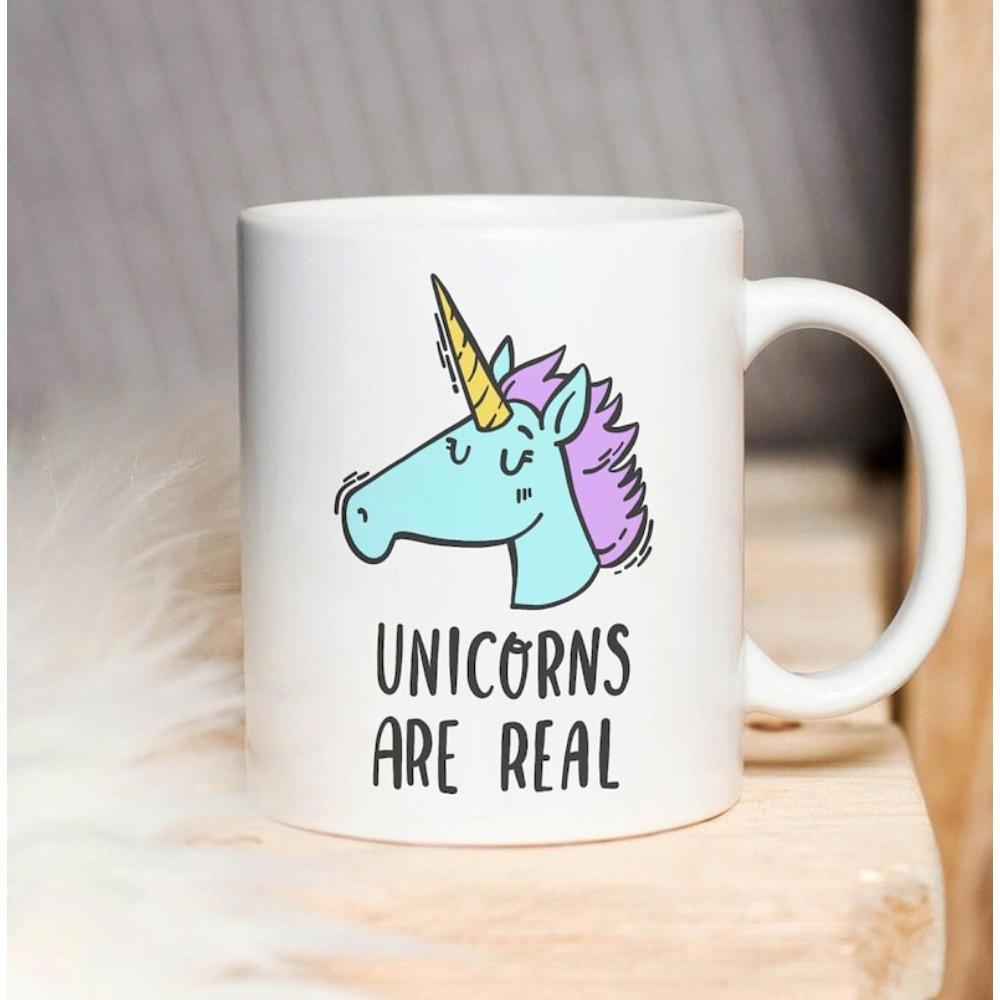 Tailorly White Ceramic 11 oz Mug - Unicorns Are Real Hand Drawn Mythical Creature With Colorful Purple Mane And Golden Horn Unicorn