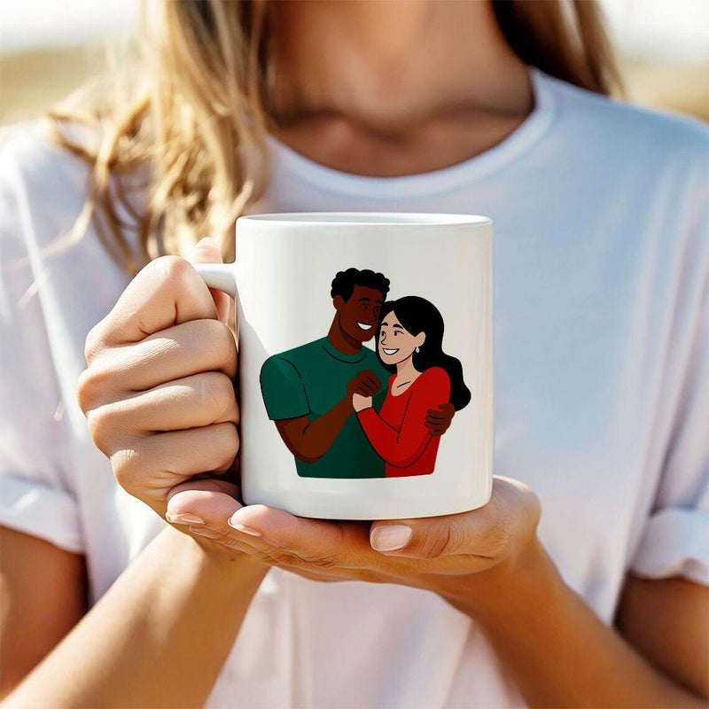 Tailorly White Ceramic 11 oz Mug - Romantic Cartoon Man And Woman Embracing With Love Under Sunlight Couple
