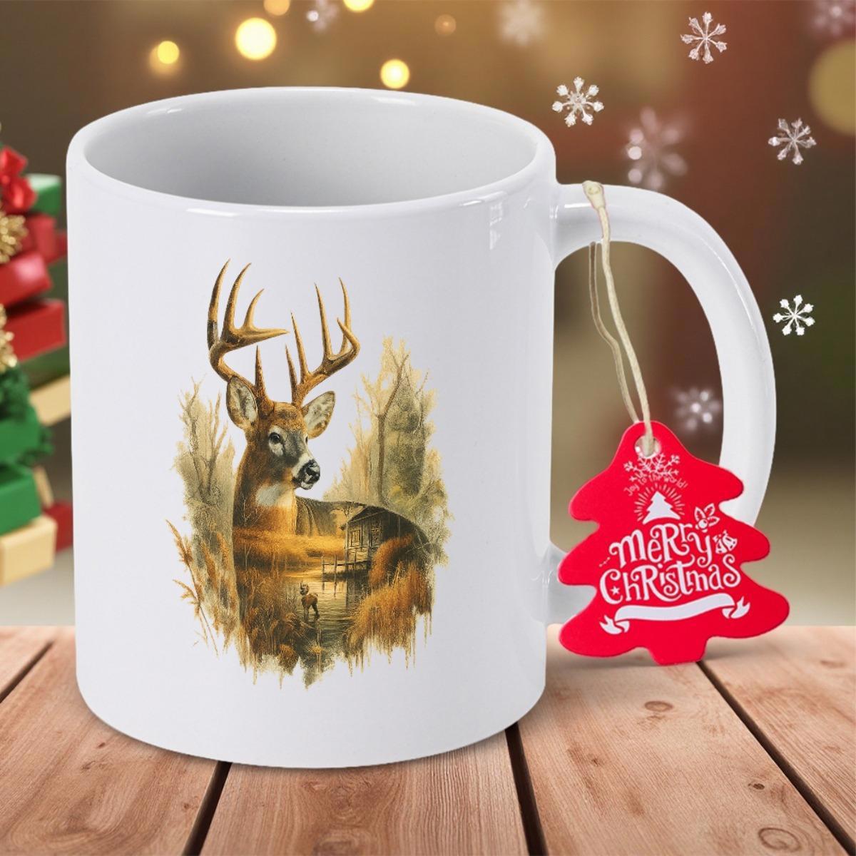 Tailorly White Ceramic 11 oz Mug - Merry Christmas Majestic Stag With Double Exposure Forest Landscape During Golden Sunset Deer