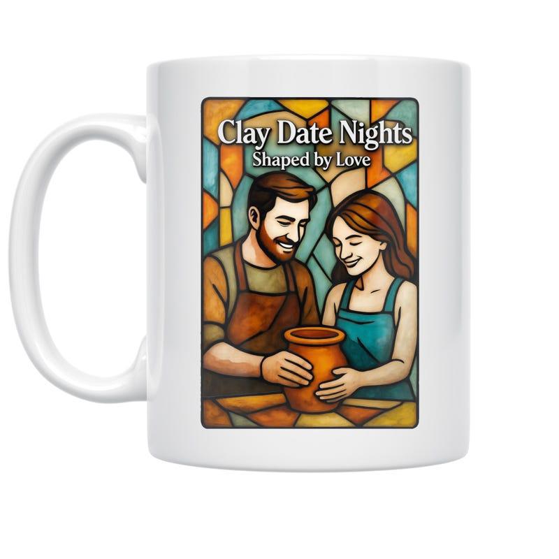 Tailorly White Ceramic 11 oz Mug - Clay Date Nights Shaped By Love Stained Glass Art Scene Featuring A Man And Woman Making Ceramic Pottery Couple