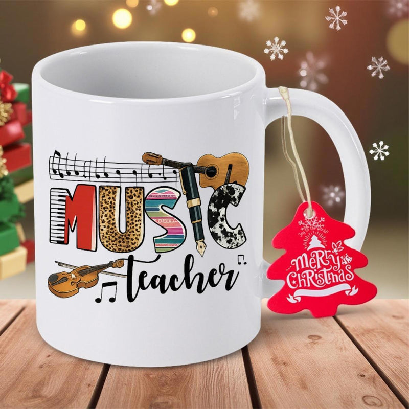 Tailorly White Ceramic 11 oz Mug - Music Teacher Colorful Artistic Musical Notes And Instruments With Animal Prints Instrument