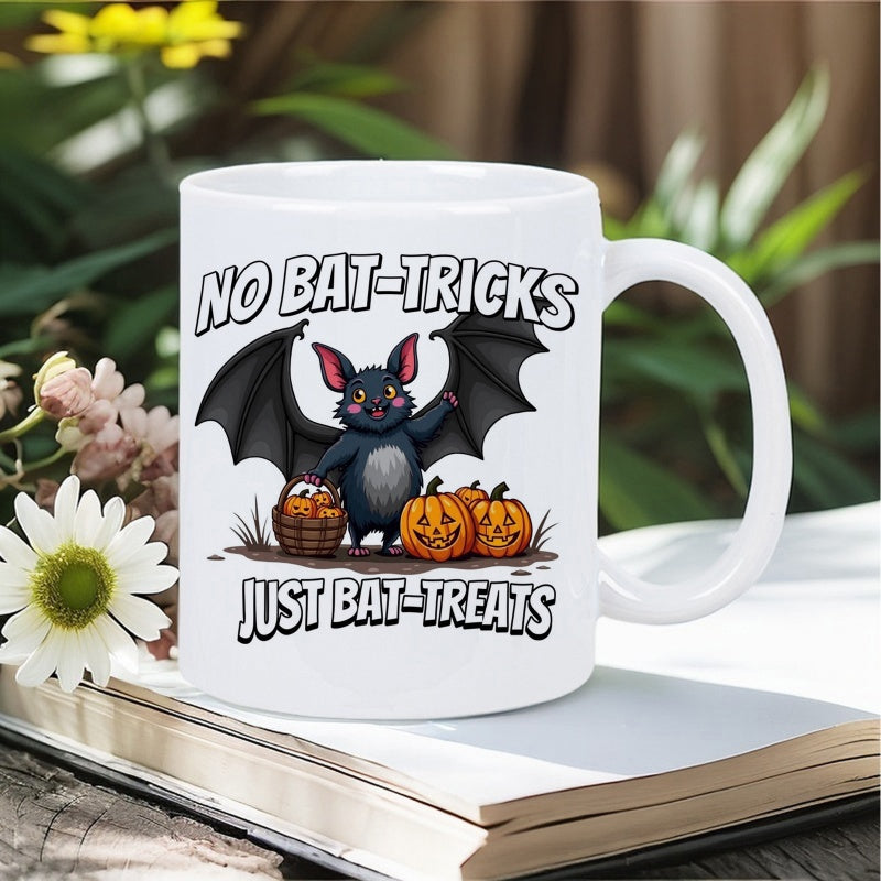 Tailorly White Ceramic 11 oz Mug - No Bat Tricks Just Bat Treats Adorable Smiling Night Creature Near Glowing Carved Halloween Pumpkins Bat